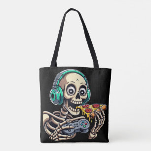 Skeleton’s Ultimate Cheat Day: Cheesy Pizza Gaming Tote Bag