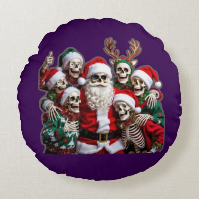 Skeleton Santa Christmas Group Photo – Festive 3D  Round Cushion (Front)