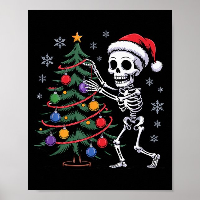 Skeleton Santa Hat Christmas Tree Creepy Cute Xmas Poster (Front)