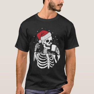 Skeleton Santa Hat Drinking Coffee Funny Christmas T-Shirt