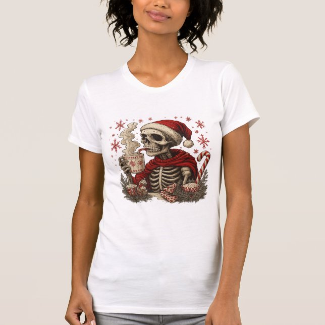 Skeleton Santa Hot Cocoa Dark Christmas Humor T-Shirt (Front)