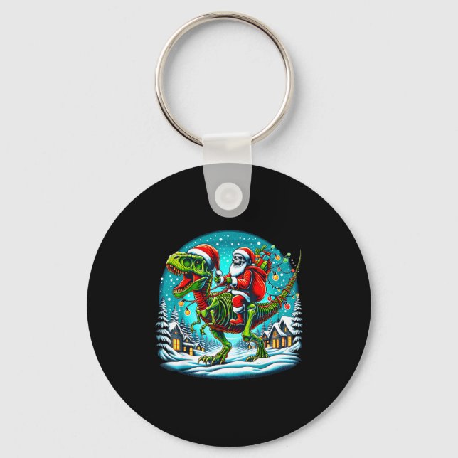 Skeleton Santa Riding T Rex Dinosaur Funny Christm Key Ring (Front)