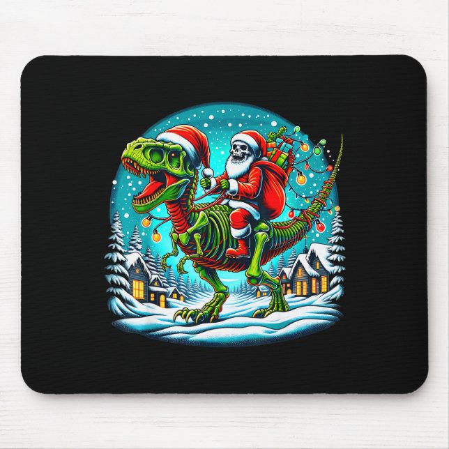 Skeleton Santa Riding T Rex Dinosaur Funny Christm Mouse Pad (Front)
