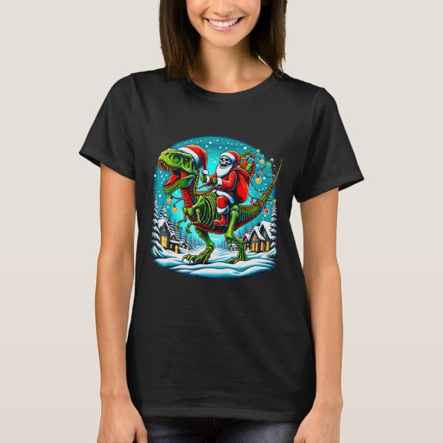 Skeleton Santa Riding T Rex Dinosaur Funny Christm T-Shirt (Front)