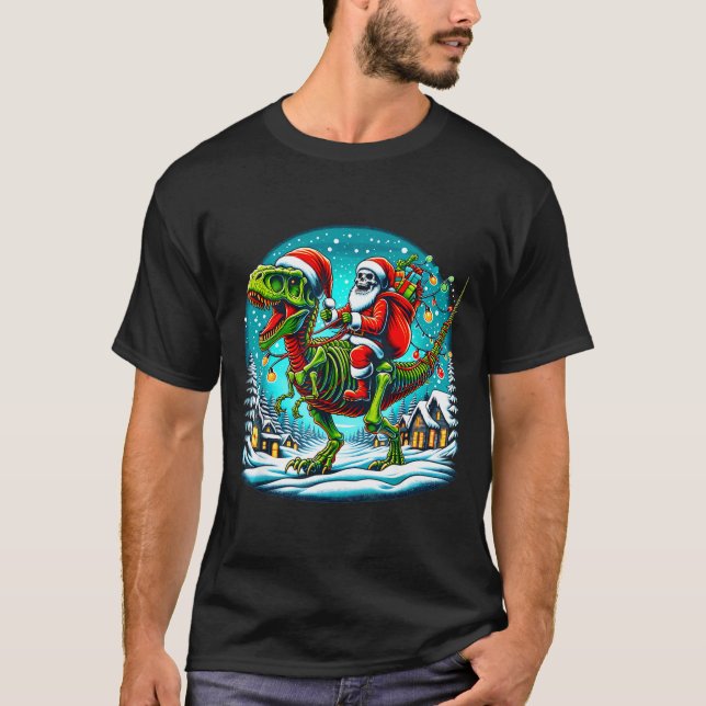 Skeleton Santa Riding T Rex Dinosaur Funny Christm T-Shirt (Front)