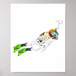 Skeleton Scuba Diving Halloween Pumpkin Diver  Poster
