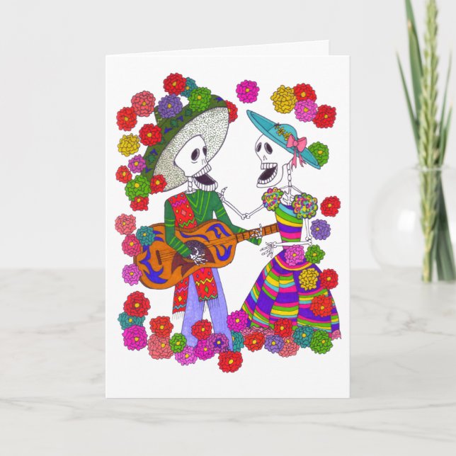 Skeleton Singers with Guitar Duet of Male & Female Holiday Card (Front)