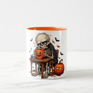 Skeleton Sipping Pumpkin Mug Halloween