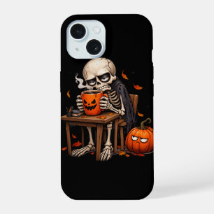 Skeleton Sipping Pumpkin Mug Halloween iPhone 15 Case