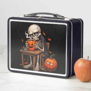 Skeleton Sipping Pumpkin Mug Halloween Metal Lunch Box