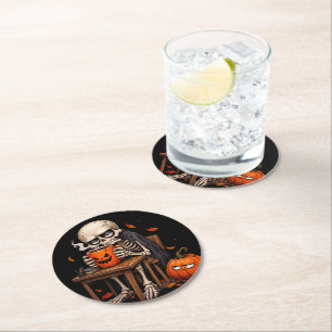 Skeleton Sipping Pumpkin Mug Halloween Round Paper Coaster
