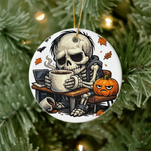 Skeleton Sips Autumn Brew Ceramic Ornament