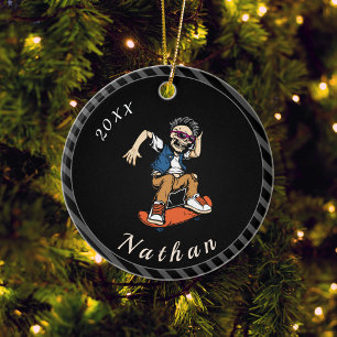 Skeleton Skateboarding Skater Name & Year Striped Ceramic Ornament