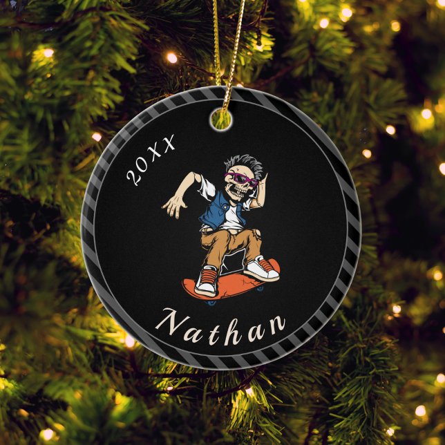 Skeleton Skateboarding Skater Name & Year Striped Ceramic Ornament (Creator Uploaded)