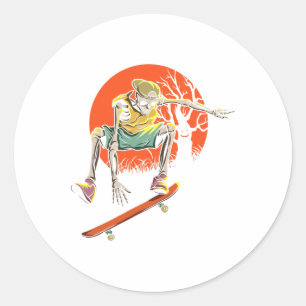 Skeleton Skater In Halloween With Skateboard Classic Round Sticker