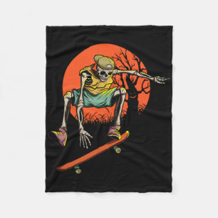 Skeleton Skater In Halloween With Skateboard  Fleece Blanket