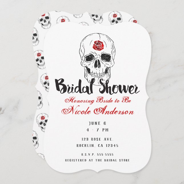Skeleton Skull Bones Black Red Rose Bridal Shower Invitation (Front/Back)