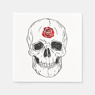 Skeleton Skull Bones Black & Red Rose Glitter Glam Napkin