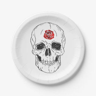 Skeleton Skull Bones Black & Red Rose Glitter Glam Paper Plate
