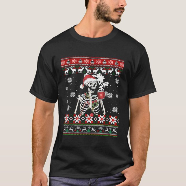 Skeleton Skull Drinking Coffee Ugly T-Shirt (Front)