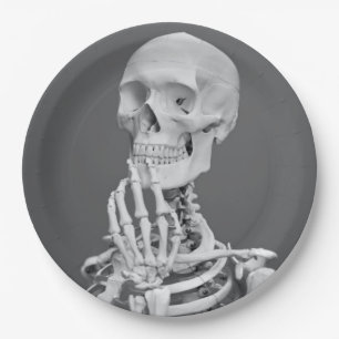 Skeleton Skull Halloween Black and White Grey Paper Plate