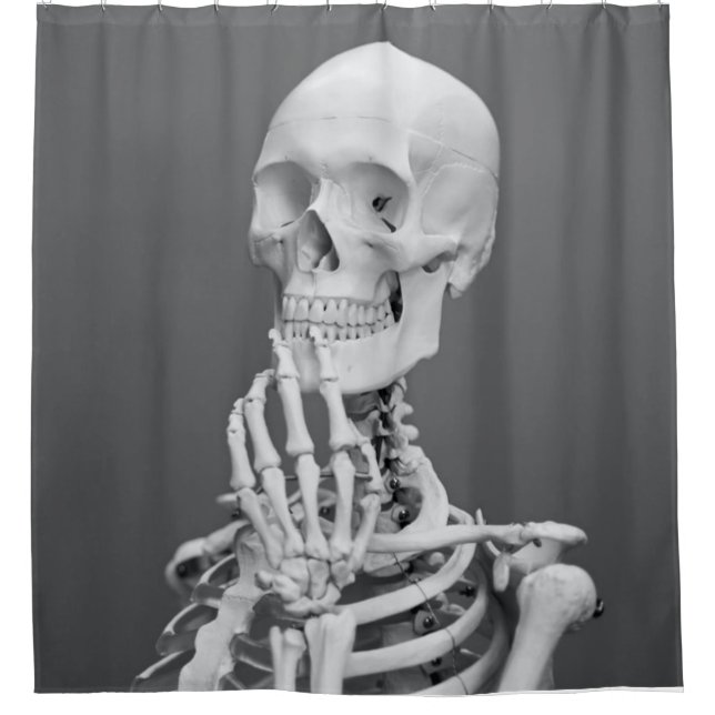 Skeleton Skull Halloween Black and White Grey Shower Curtain (Front)