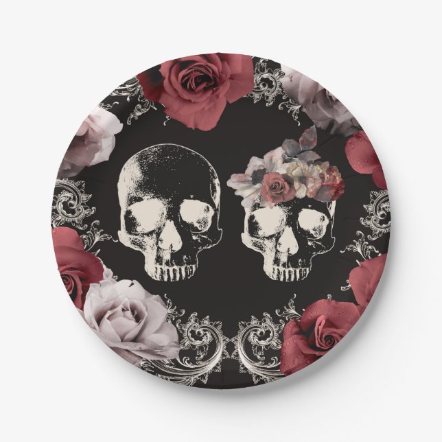 Skeleton Skull Mauve Dusty Rose Gothic Wedding Paper Plate (Front)