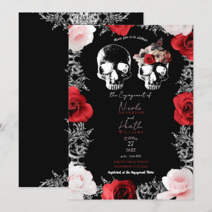 Skeleton Skull Red Pink Roses Gothic Engagement Invitation