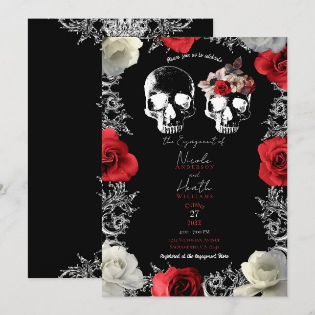 Skeleton Skull Red Roses Gothic Engagement Party   Invitation (Front/Back)