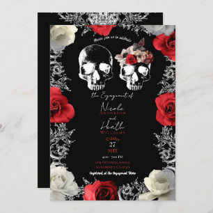 Skeleton Skull Red Roses Gothic Engagement Party   Invitation