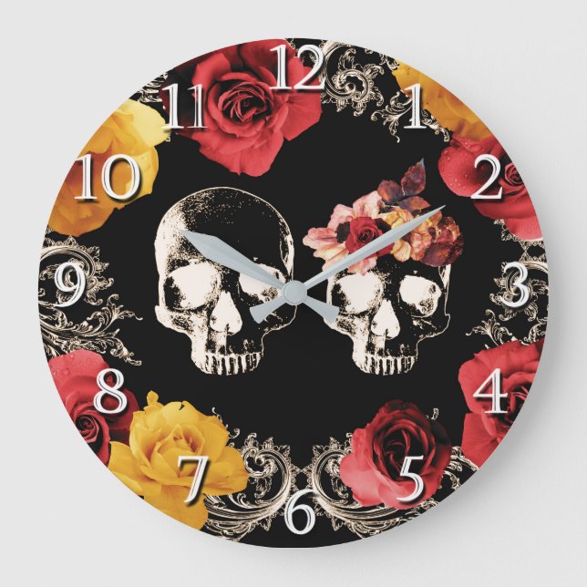 Skeleton Skull Red Yellow Fall Floral  Large Clock (Front)