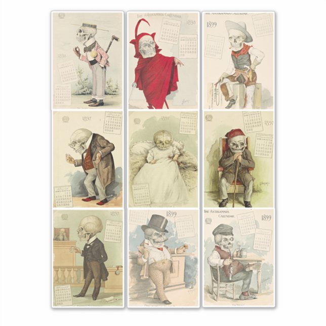 Skeleton Skulls vintage 1800s calendar Art (Front)