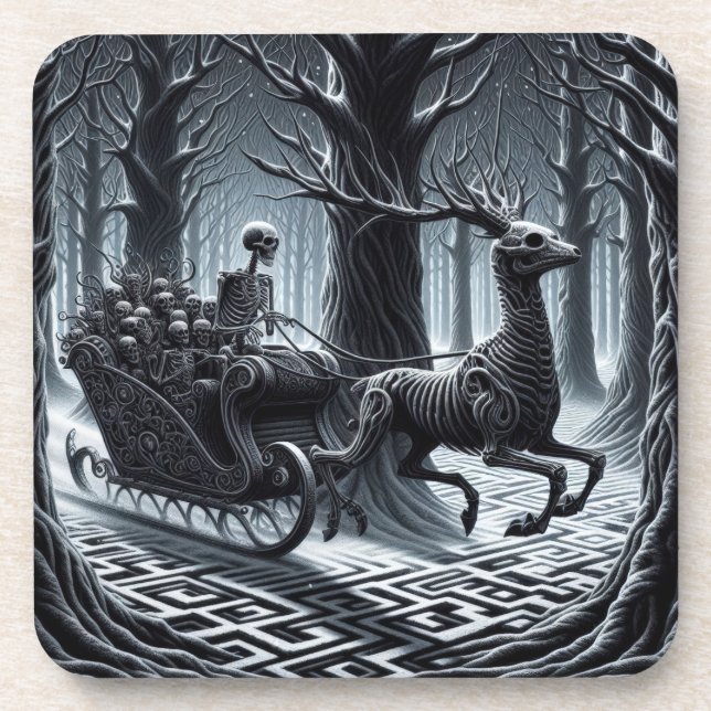 Skeleton Sleigh Christmas, Gothic Holiday Skeleton Coaster (Front)
