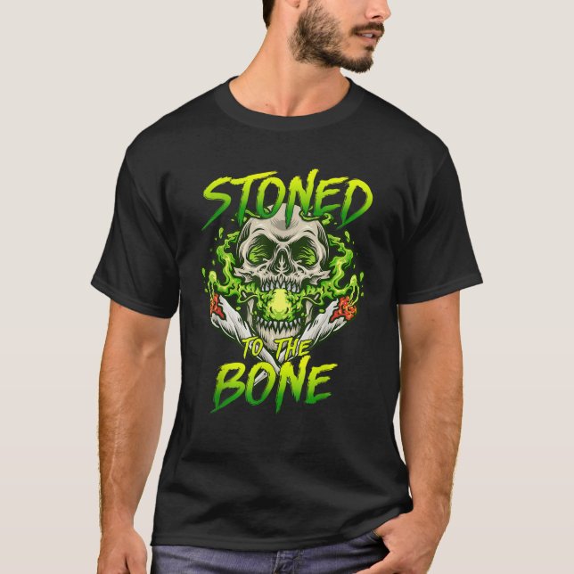 Skeleton Smoking Weed Stoned to the Bone Halloween T-Shirt (Front)