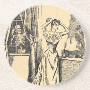 Skeleton Spying on Victorian Lady Vintage Goth Art Coaster