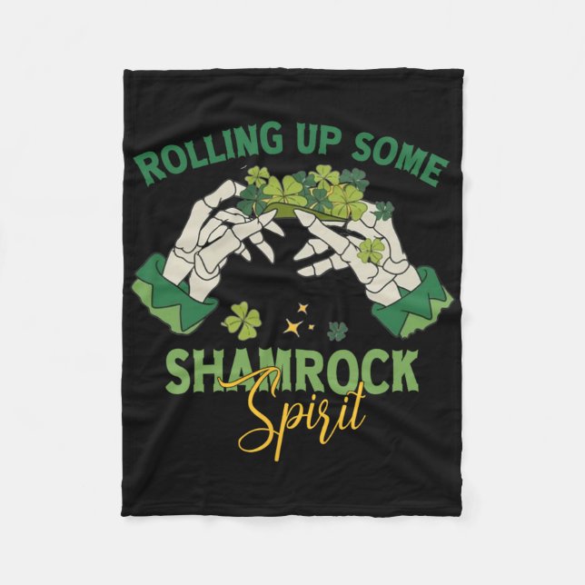 Skeleton St Patricks Day Rolling Up Some Shamrock  Fleece Blanket (Front)