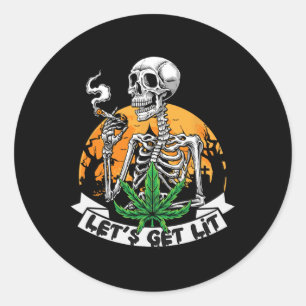 Skeleton Stoner Smoking Weed Let's Get Lit Hallowe Classic Round Sticker