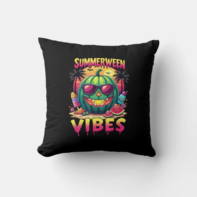 Skeleton Summer Summerween Vibes Watermelon Jack-O Cushion (Front)