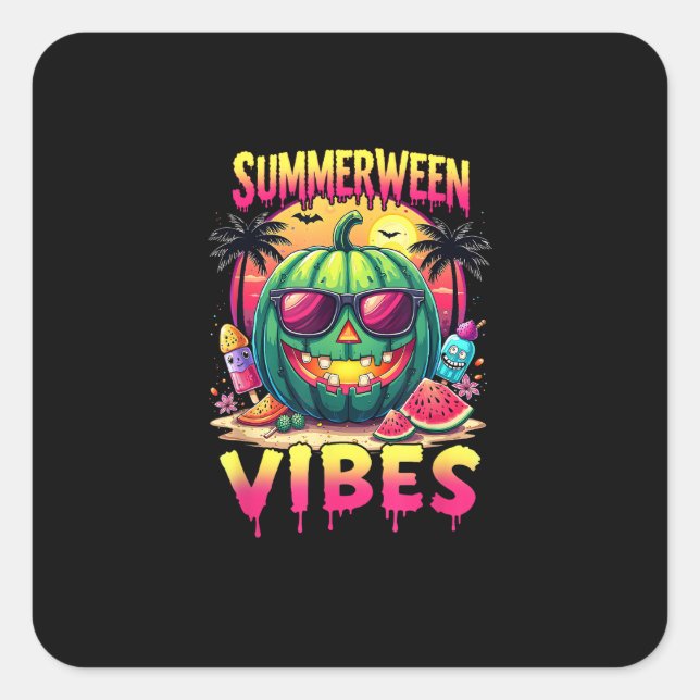 Skeleton Summer Summerween Vibes Watermelon Jack-O Square Sticker (Front)