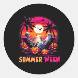 Skeleton Summer-ween Beach Halloween Vibe Sunset P Classic Round Sticker