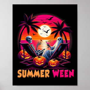 Skeleton Summer-ween Beach Halloween Vibe Sunset P Poster