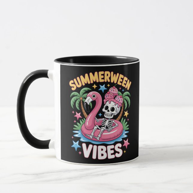 Skeleton Summerween Vibes Flamingo Mug (Left)
