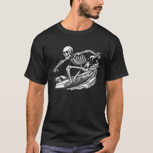 Skeleton Surfer Great Wave Surfing Funny Halloween T-Shirt