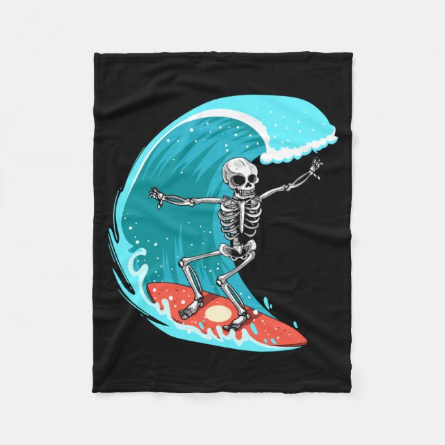 Skeleton Surfer Halloween Funny Wave Surfing Surf Fleece Blanket (Front)