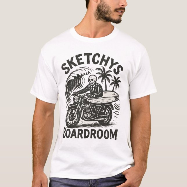 Skeleton Surfer on Motorbike – Grunge Surf Art Tee (Front)