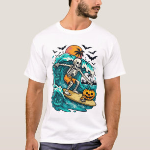 Skeleton Surfer Pumpkin Wave Bats Full Moon T-Shirt