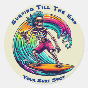 Skeleton Surfer Riding A Wave Classic Round Sticker