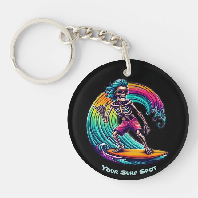 Skeleton Surfer Riding A Wave Key Ring (Front)