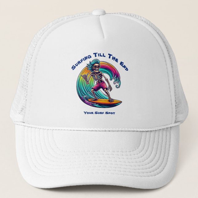 Skeleton Surfer Riding A Wave Trucker Hat (Front)