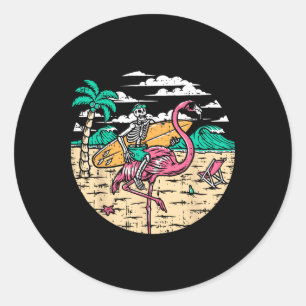 Skeleton Surfer Riding Flamingo Halloween Costume  Classic Round Sticker